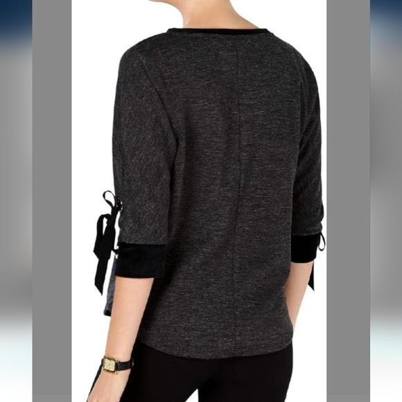 Charter Club Women's Cotton Velvet-Trim Lace-Up Top Deep Black Size Xl - Picture 2 of 6